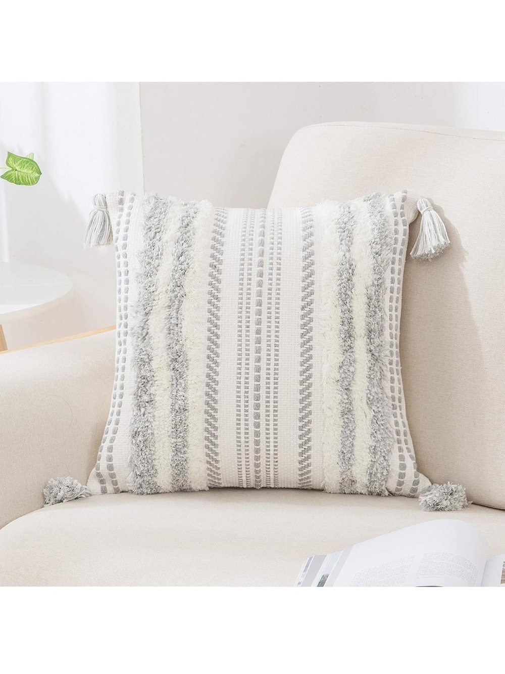 Decorative Boho Throw Pillow Cover 18x18, Accent Neutral Textured Tufted